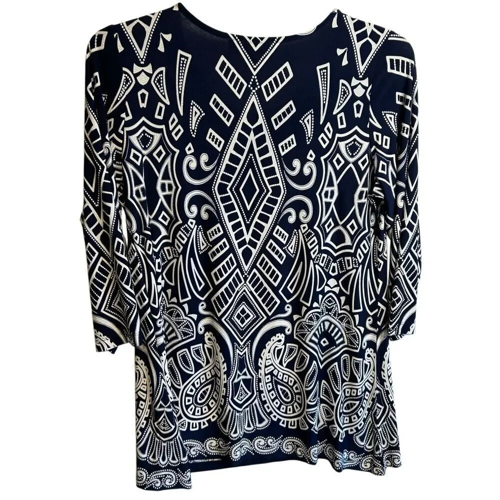 Southern Lady Navy Blue White Geometric Print 3/4 Sleeve Career Top Size L